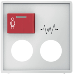 12186089 Centre plate with 2 plug-in openings,  imprint and red button at top polar white velvety