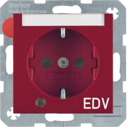 41108915 SCHUKO socket outlet with control LED and "EDV" imprint with labelling field,  enhanced contact protection,  Screw-in lift terminals,  Berker S.1/B.3/B.7, red glossy