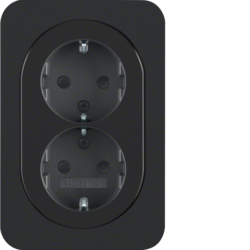 47292045 Double SCHUKO socket outlet with cover plate enhanced contact protection,  Berker R.1, black glossy
