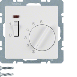 20316089 Temperature controller,  NC contact,  with centre plate,  24 V AC/DC with rocker switch,  Berker Q.1/Q.3/Q.7/Q.9, polar white velvety