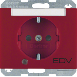 41107115 SCHUKO socket outlet with control LED and "EDV" imprint with labelling field,  enhanced contact protection,  Screw-in lift terminals,  Berker K.1, red glossy