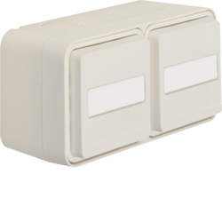 47753552 SCHUKO socket outlet 2gang horizontal with hinged cover surface-mounted with labelling field,  enhanced contact protection,  Berker W.1, polar white matt