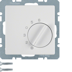 20266089 Thermostat,  change-over contact,  with centre plate Berker Q.1/Q.3/Q.7/Q.9, polar white velvety