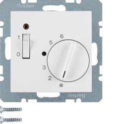 20308989 Temperature controller,  NC contact,  with centre plate with rocker switch,  Berker S.1/B.3/B.7, polar white glossy