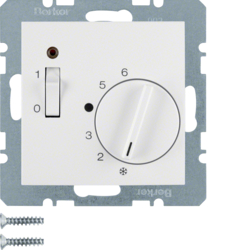 20318989 Temperature controller,  NC contact,  with centre plate,  24 V AC/DC with rocker switch,  Berker S.1/B.3/B.7, polar white glossy