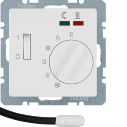 20346089 Thermostat,  NO contact,  with centre plate,  for underfloor heating with rocker switch,  external temperature sensor,  Berker Q.1/Q.3/Q.7/Q.9, polar white velvety