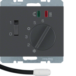 20347106 Thermostat,  NO contact,  with centre plate,  for underfloor heating with rocker switch,  external temperature sensor,  Berker K.1, anthracite matt,  lacquered