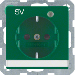 41106013 Steckdose SCHUKO mit Kontroll-LED und Aufdruck "SV" mit Beschriftungsfeld,  erhöhtem Berührungsschutz,  Schraub-Liftklemmen,  Berker Q.1/Q.3/Q.7/Q.9, grün samt