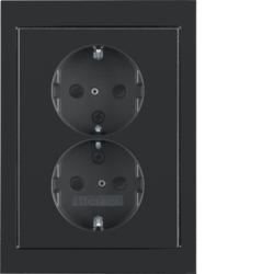 47297005 Double SCHUKO socket outlet with cover plate enhanced contact protection,  Berker K.1, black glossy