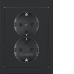 47297005 Double SCHUKO socket outlet with cover plate enhanced contact protection,  Berker K.1, black glossy
