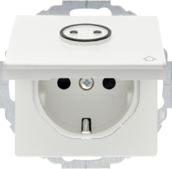 47446049 SCHUKO socket outlet with hinged cover for accessible construction with tactile symbol,  enhanced contact protection,  Mounting orientation variable in 45° steps,  Berker Q.1/Q.3/Q.7/Q.9, polar white velvety