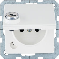 6765116089 Socket outlet with earthing pin and hinged cover with enhanced touch protection,  with lock - differing lockings,  with screw-in lift terminals,  Berker Q.1/Q.3/Q.7/Q.9, polar white velvety
