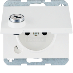 6765117009 Socket outlet with earthing pin and hinged cover with enhanced touch protection,  with lock - differing lockings,  with screw-in lift terminals,  Berker K.1, polar white glossy