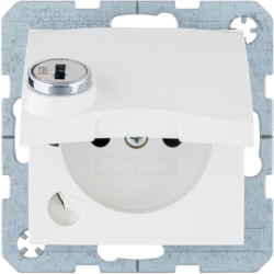 6765118989 Socket outlet with earthing pin and hinged cover with enhanced touch protection,  with lock - differing lockings,  with screw-in lift terminals,  Berker S.1/B.3/B.7, polar white glossy